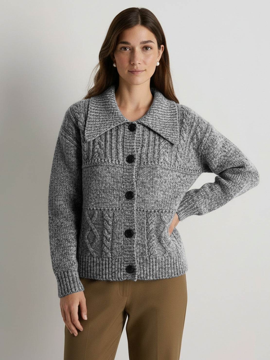 Wool-blend button-front cardigan with wide collar and five-button closure, soft anti-pilling knit for lightweight warmth and layering.