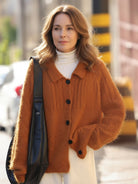 Wool-blend button-front cardigan with wide collar and five-button closure