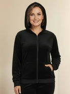 Plus size velour zip-up tracksuit with hoodie and straight-leg pants in soft, wrinkle-resistant fabric