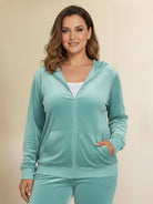 Plus size velour zip-up tracksuit with hoodie and straight-leg pants in soft, wrinkle-resistant fabric