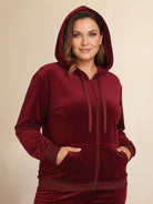 Plus size velour zip-up tracksuit with hoodie and straight-leg pants in soft smooth fabric