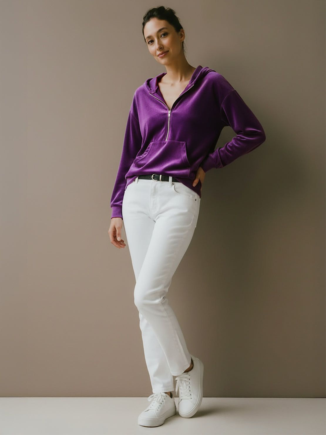 Ultra-Soft Velvet half-zip hoodie with kangaroo pocket and plush texture