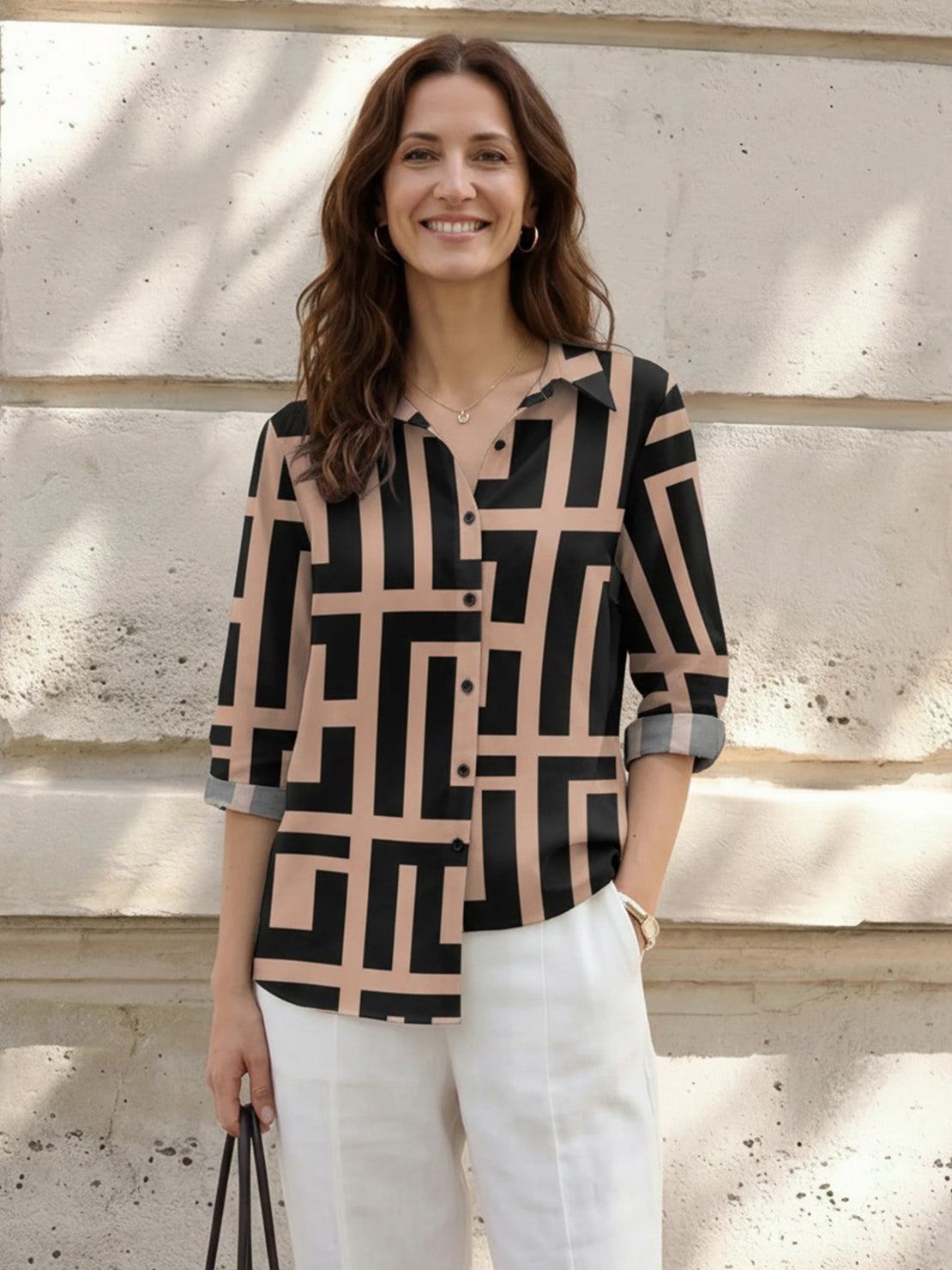 floral button-down shirt with long roll-up sleeves and hip-length relaxed fit