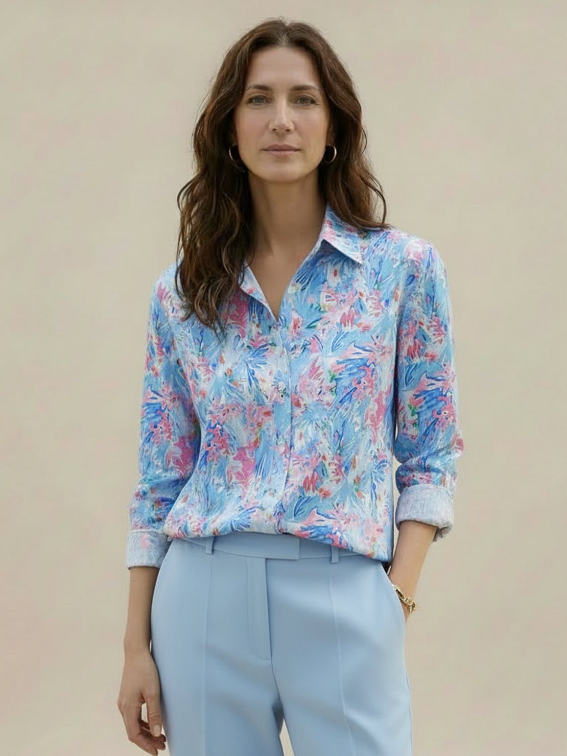 Floral button-down shirt with long sleeves and relaxed fit for casual and workwear
