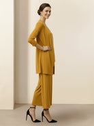 Open-front three-piece co-ord with longline cardigan, tank top, and wide-leg trousers in lightweight knit fabric