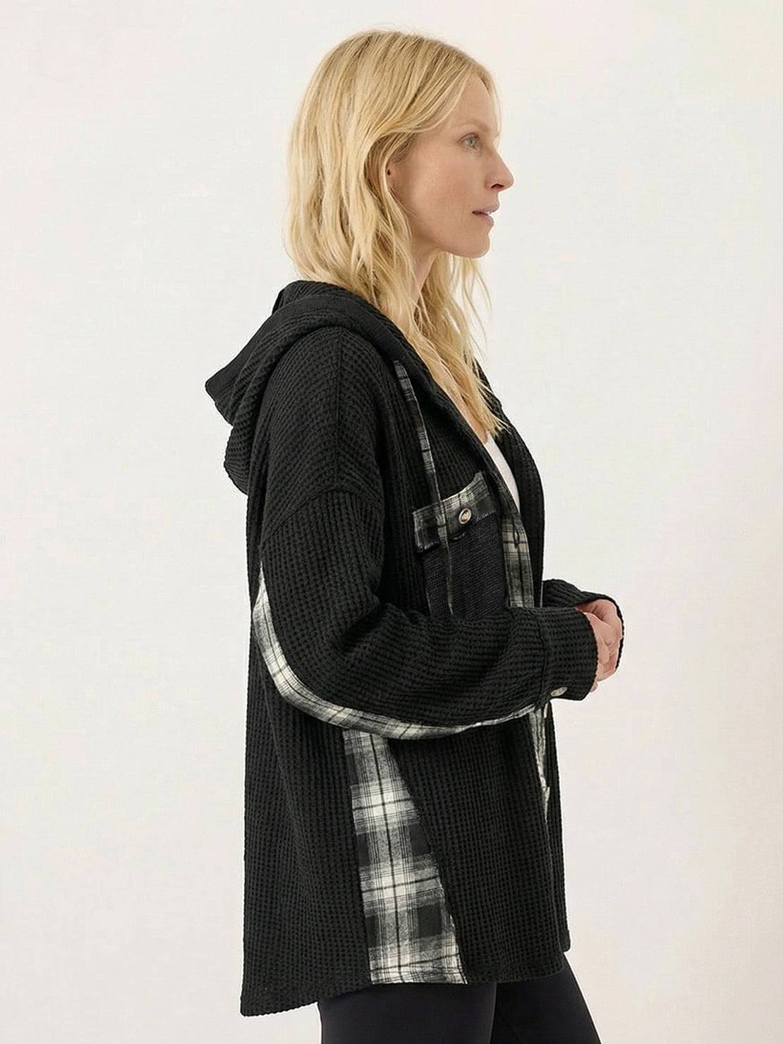 CloudKnit oversized hip-length hooded shacket with waffle knit texture and button-front closure