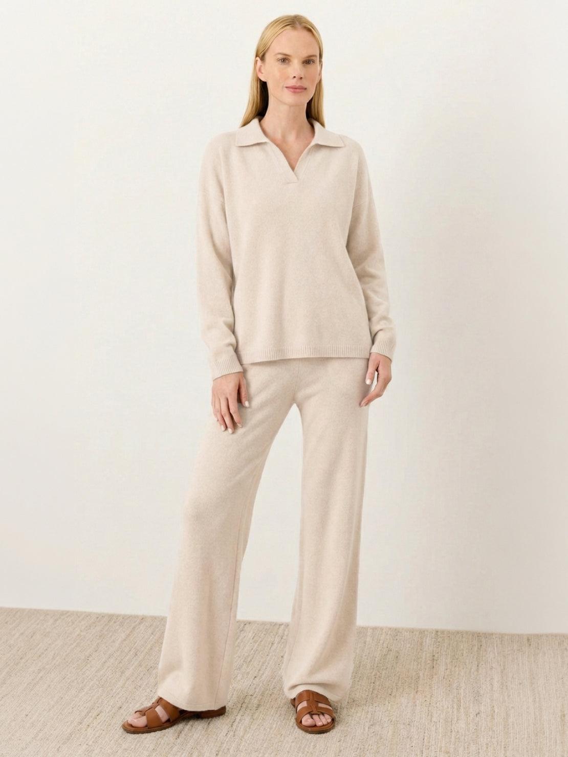 Oversized polo knit loungewear set with soft collar and straight-leg pants for relaxed style