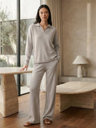 Oversized polo knit loungewear set with soft collar and straight-leg pants