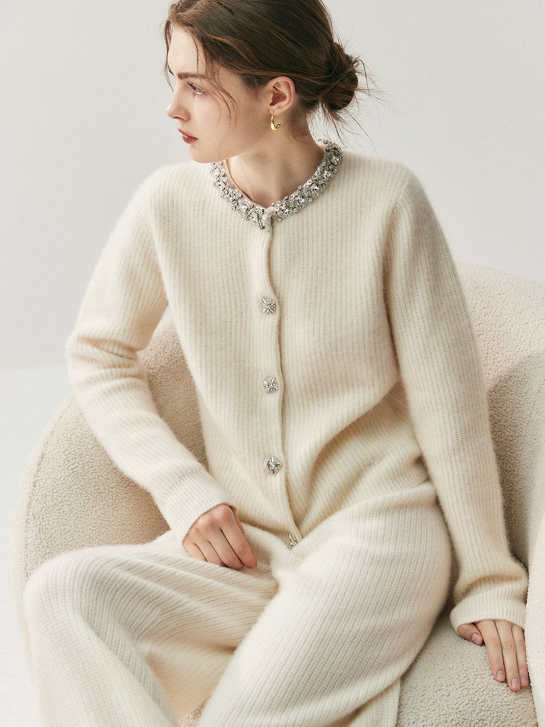 Black ribbed Alashan cashmere cardigan with crystal collar and buttons on model