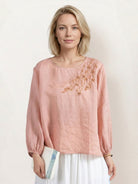 100% cotton-linen embroidered blouse with relaxed boxy fit and 3/4 balloon sleeves