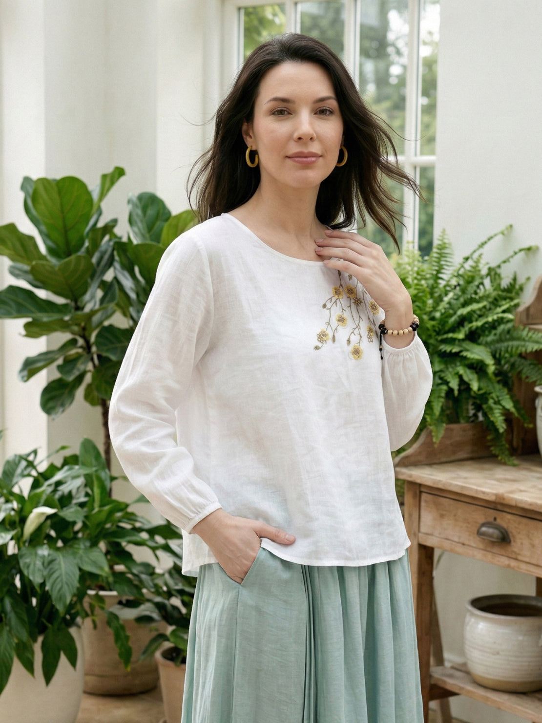 Lightweight cotton-linen embroidered blouse with 3/4 balloon sleeves and relaxed boxy fit