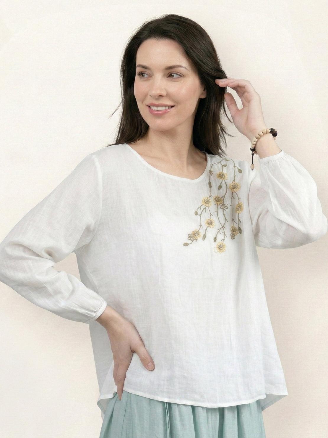 Cotton-linen embroidered blouse with relaxed boxy fit, 3/4 balloon sleeves, and subtle tonal floral embroidery on shoulder