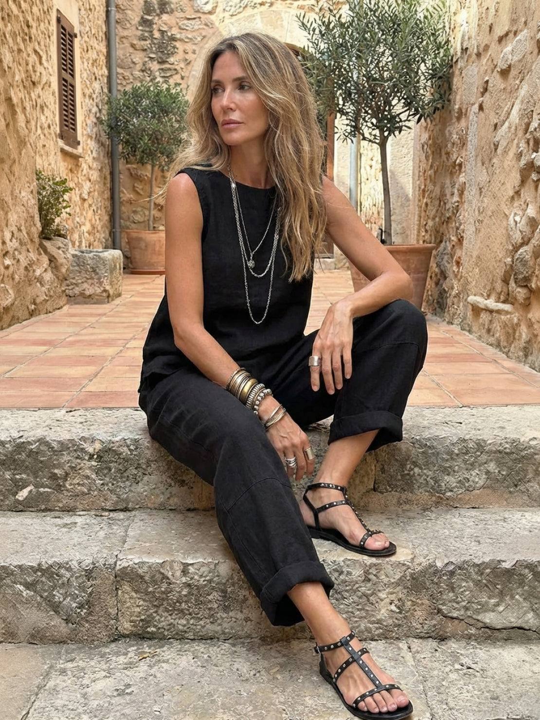 Two-piece 100% Cotton Crinkle sleeveless co-ord with relaxed tank and straight-leg pants