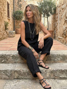 Two-piece 100% Cotton Crinkle sleeveless co-ord with relaxed tank and straight-leg pants