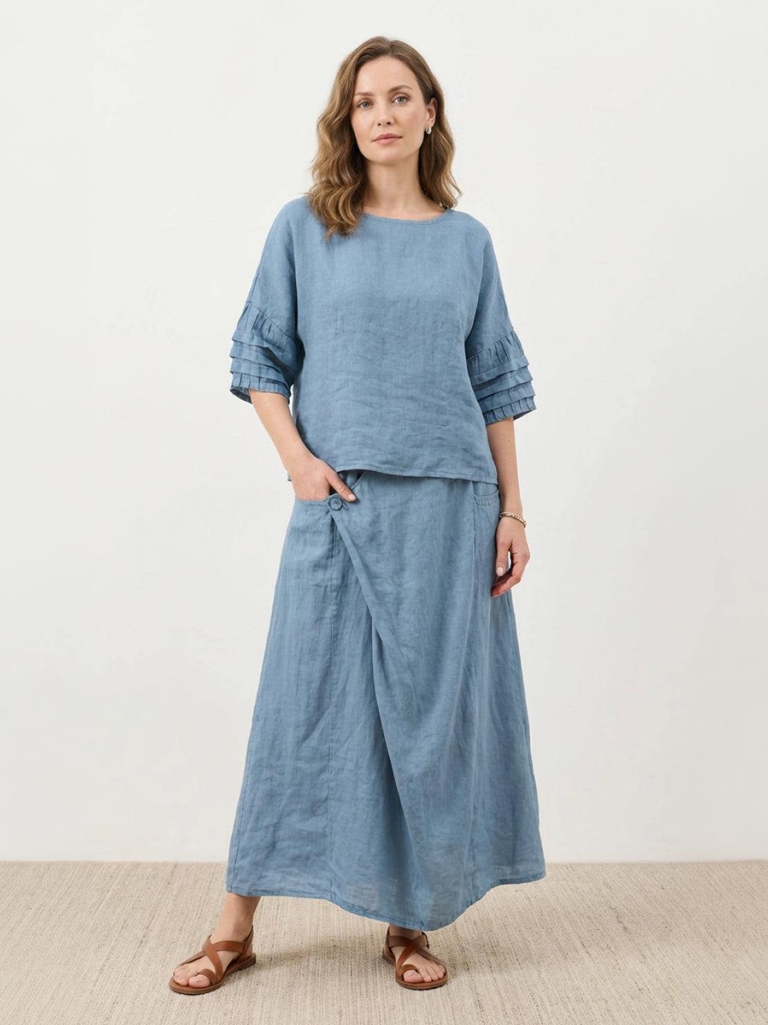 Two-piece 100% cotton wrap skirt set with hip-length top and A-line maxi skirt