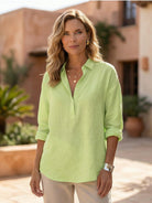 Lightweight 100% cotton popover blouse with relaxed oversized fit and classic collar