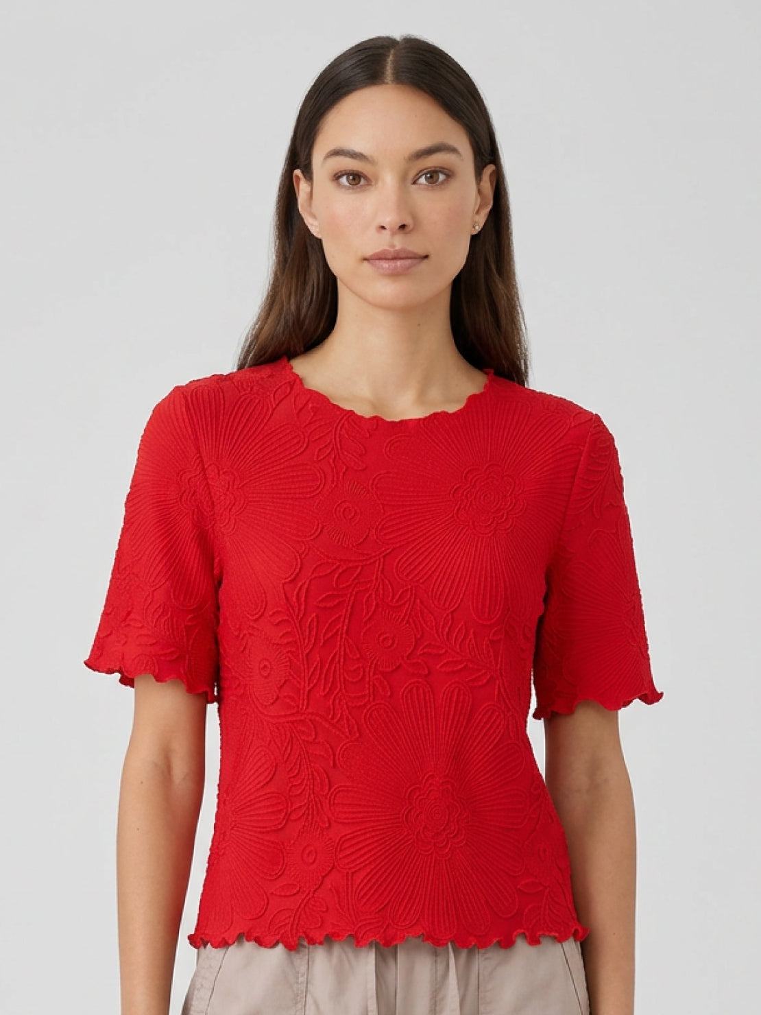 Floral Jacquard Pleated Top with flutter sleeves and 3D floral texture, relaxed A-line fit, and permanent pleating