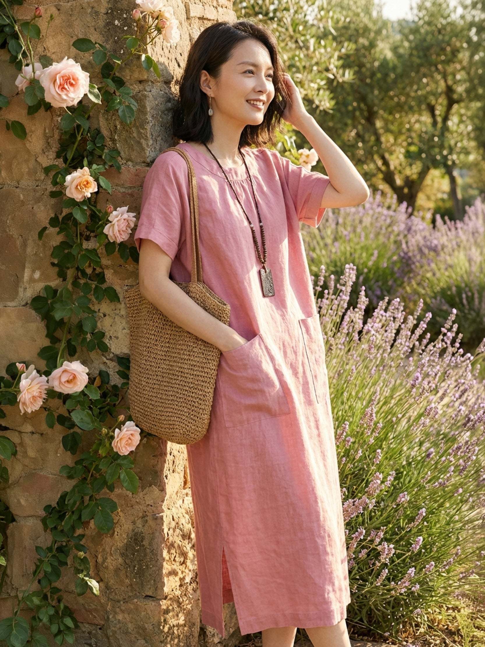 100% linen relaxed midi dress with short sleeves and large front pockets