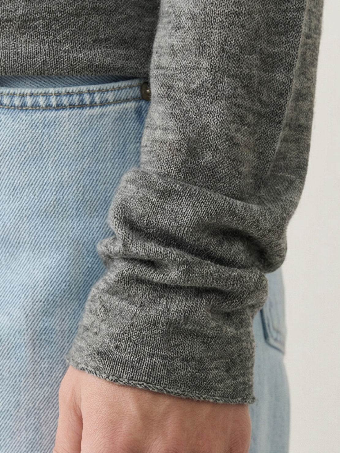 organic linen henley top in charcoal gray with fine knit, relaxed fit, and button placket