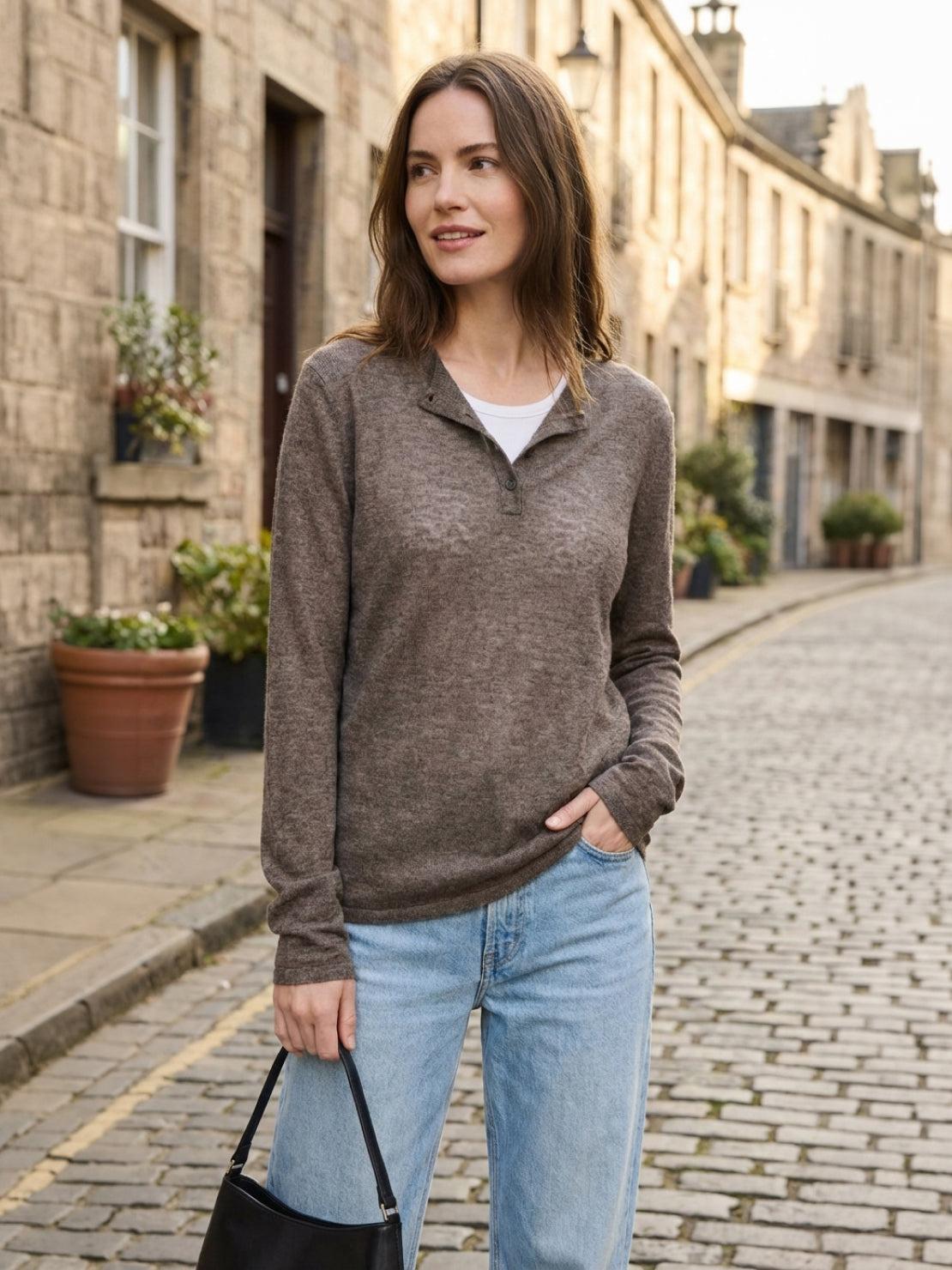 Organic Linen Henley Top fine knit, relaxed fit, lightweight breathable fabric with 3-button placket and side slits