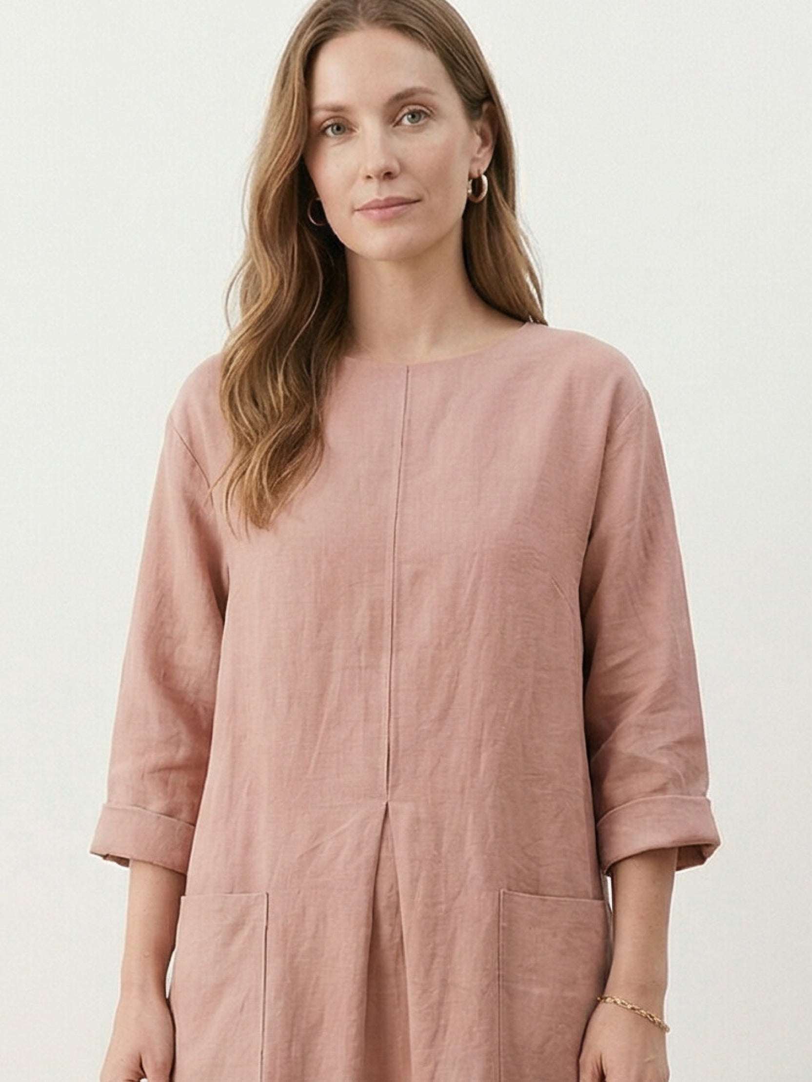 100% linen loose A-line maxi dress with 3/4 sleeves and large hip pockets