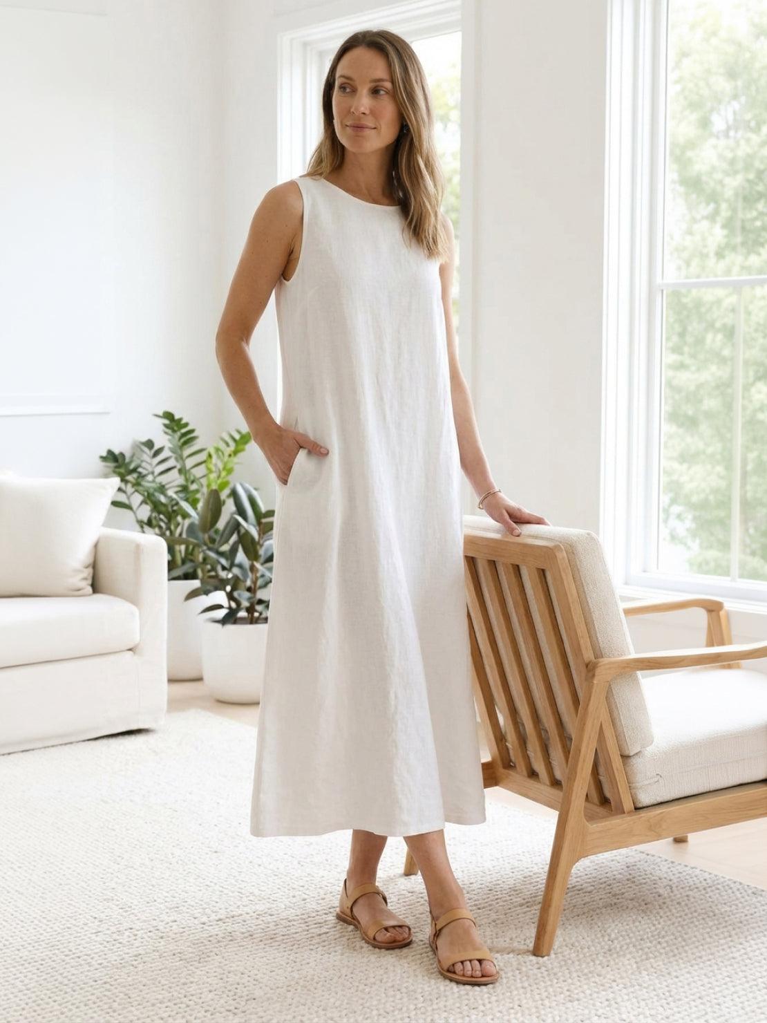 Lightweight cotton linen sleeveless maxi dress with round neckline and relaxed ankle-length fit