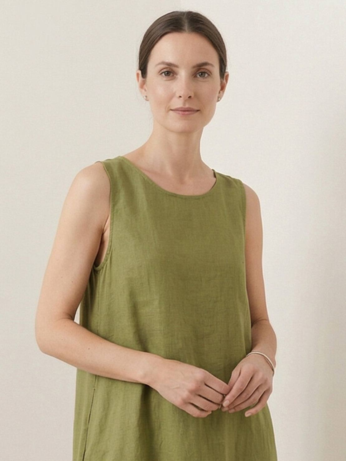 Lightweight 100% cotton linen sleeveless maxi dress with round neckline and loose ankle-length fit