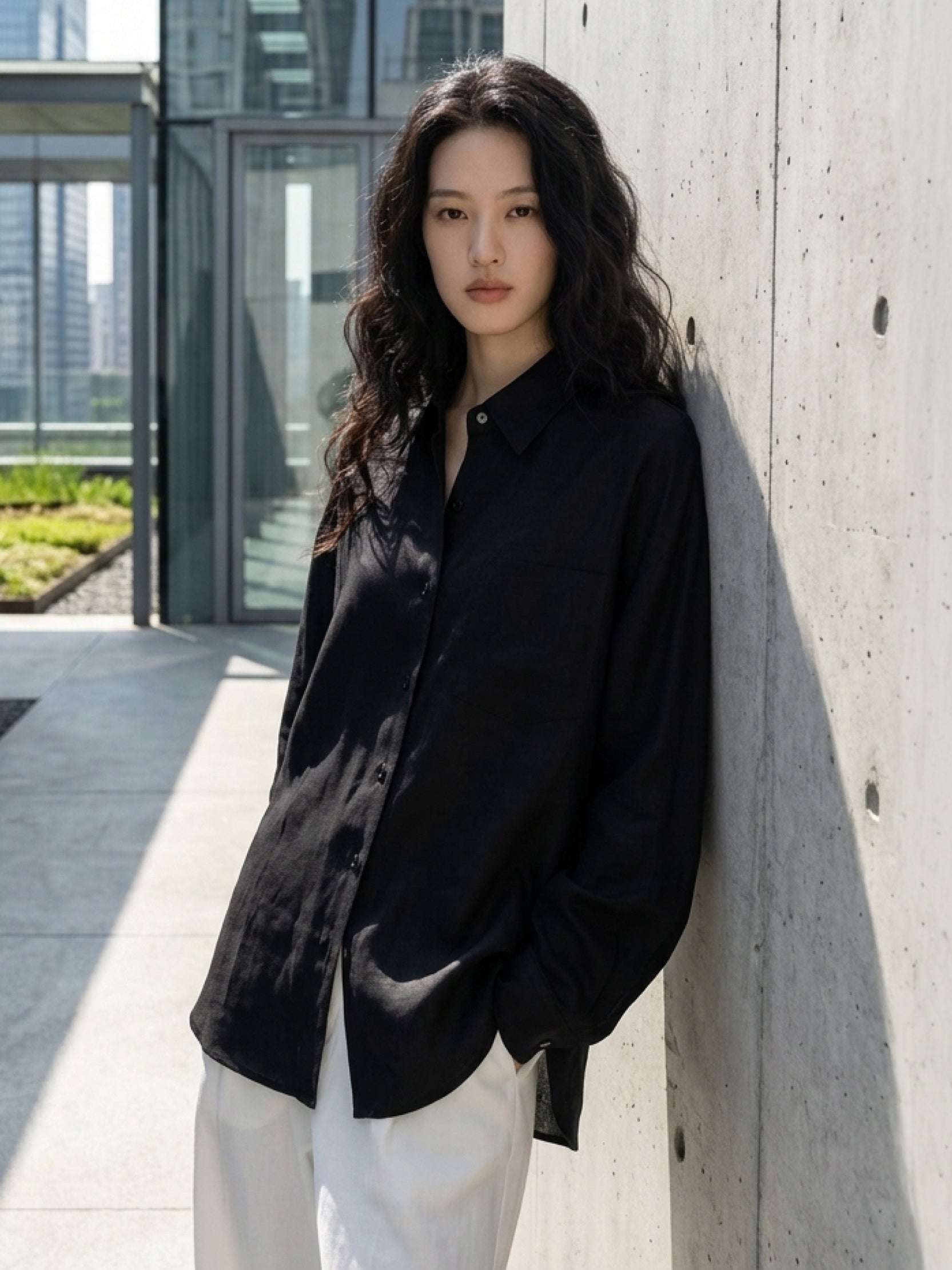 100% Cotton-Linen oversized relaxed fit shirt with dropped shoulders and curved hem