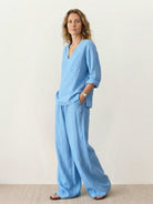 Lightweight 100% cotton linen set with V-neck top and wide-leg pants