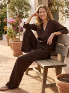 Lightweight 100% cotton linen set with V-neck top and wide-leg pants