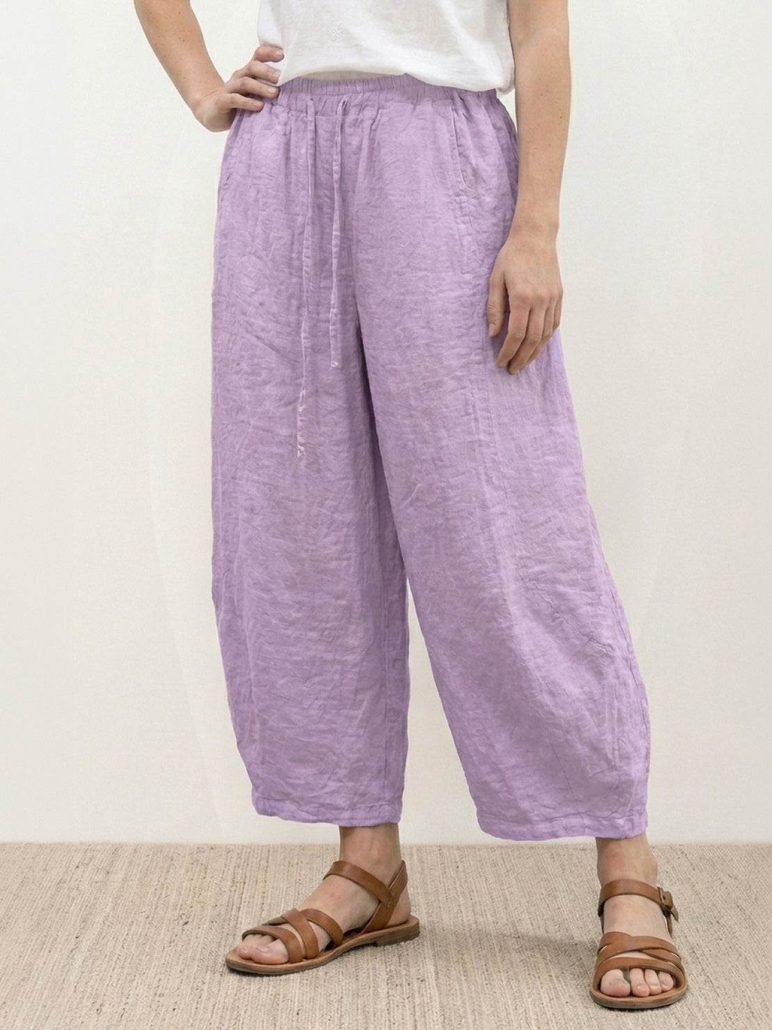 Lightweight 100% linen harem balloon pants with elastic drawstring waistband and side pockets