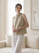 100% linen sleeveless cowl-collar top with relaxed boxy fit and natural crinkle texture