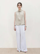 Sleeveless 100% linen cowl-collar top with boxy relaxed fit and slight A-line flare hem