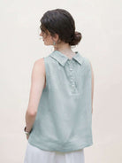 100% linen sleeveless top with cowl collar and boxy fit