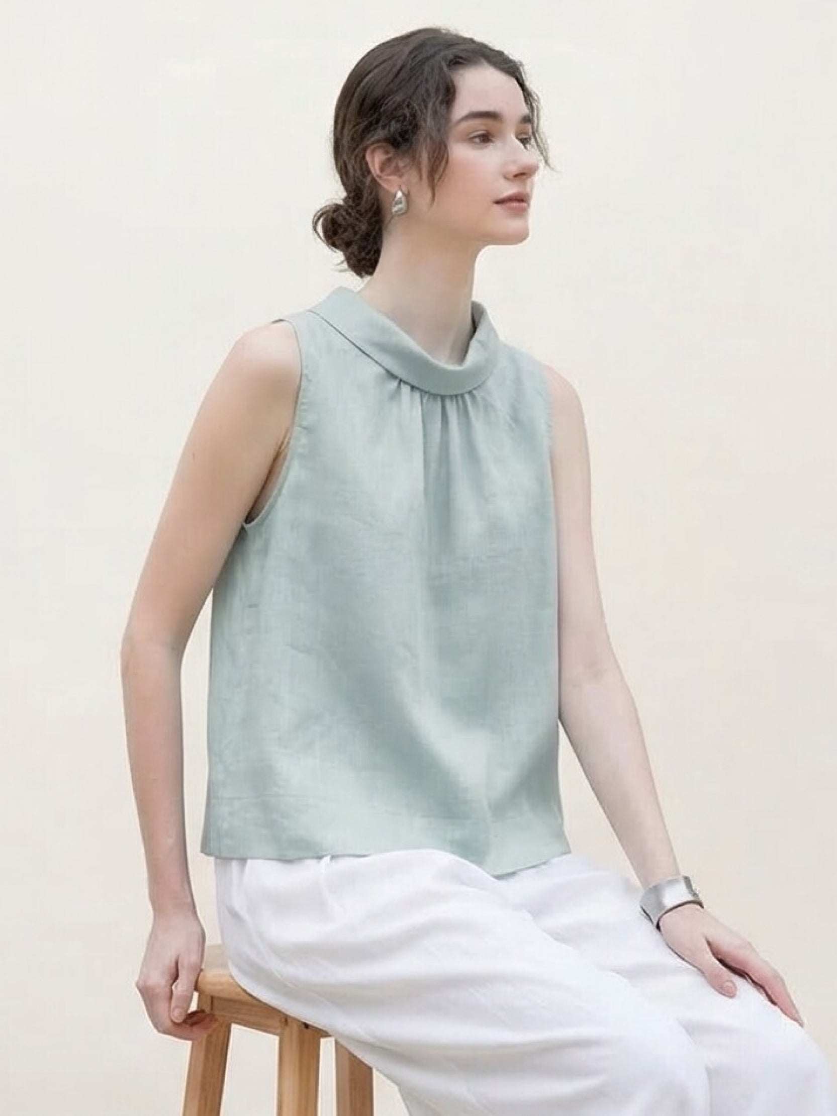 100% linen sleeveless top with cowl collar and boxy A-line silhouette