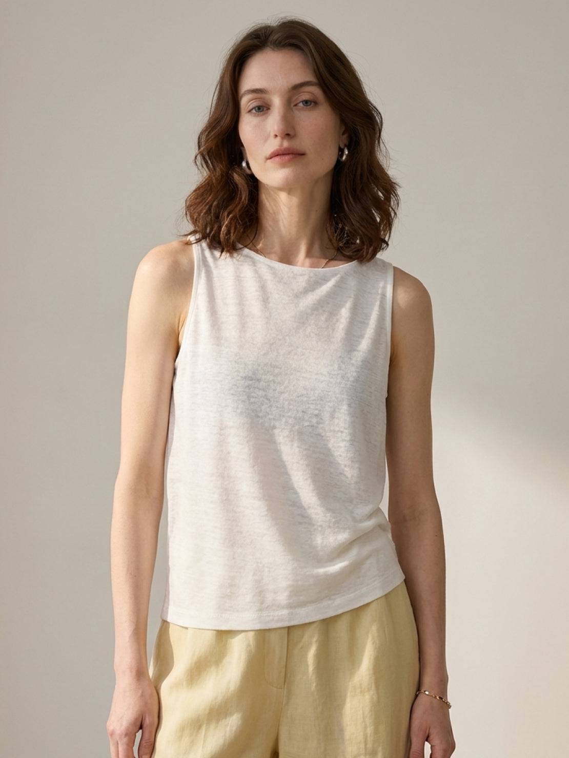 100% linen wide neck vest with cowl drape and boat neck styles, sleeveless and breathable fabric