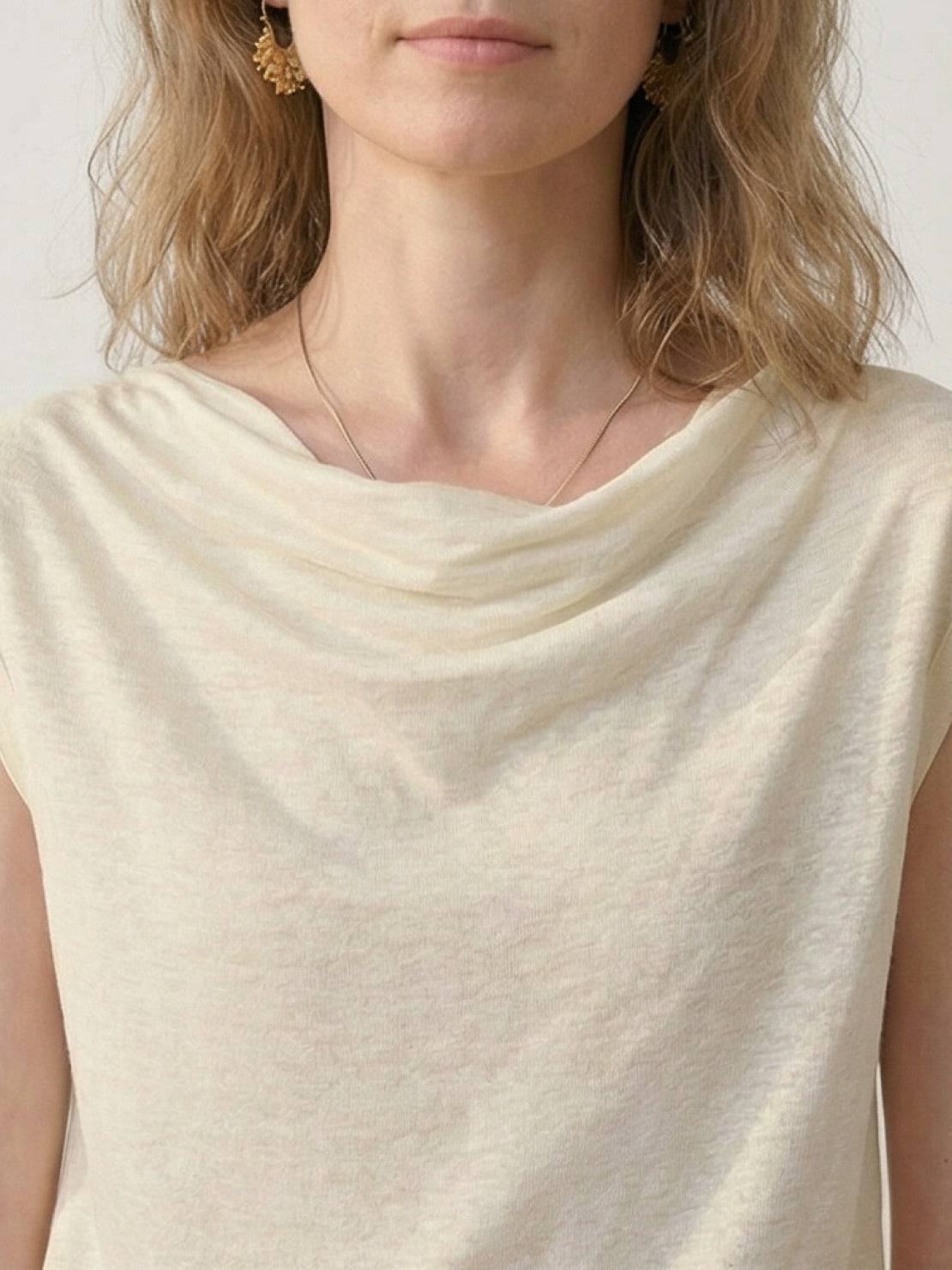 100% linen wide neck vest with cowl drape and boat neck styles, sleeveless and breathable fabric