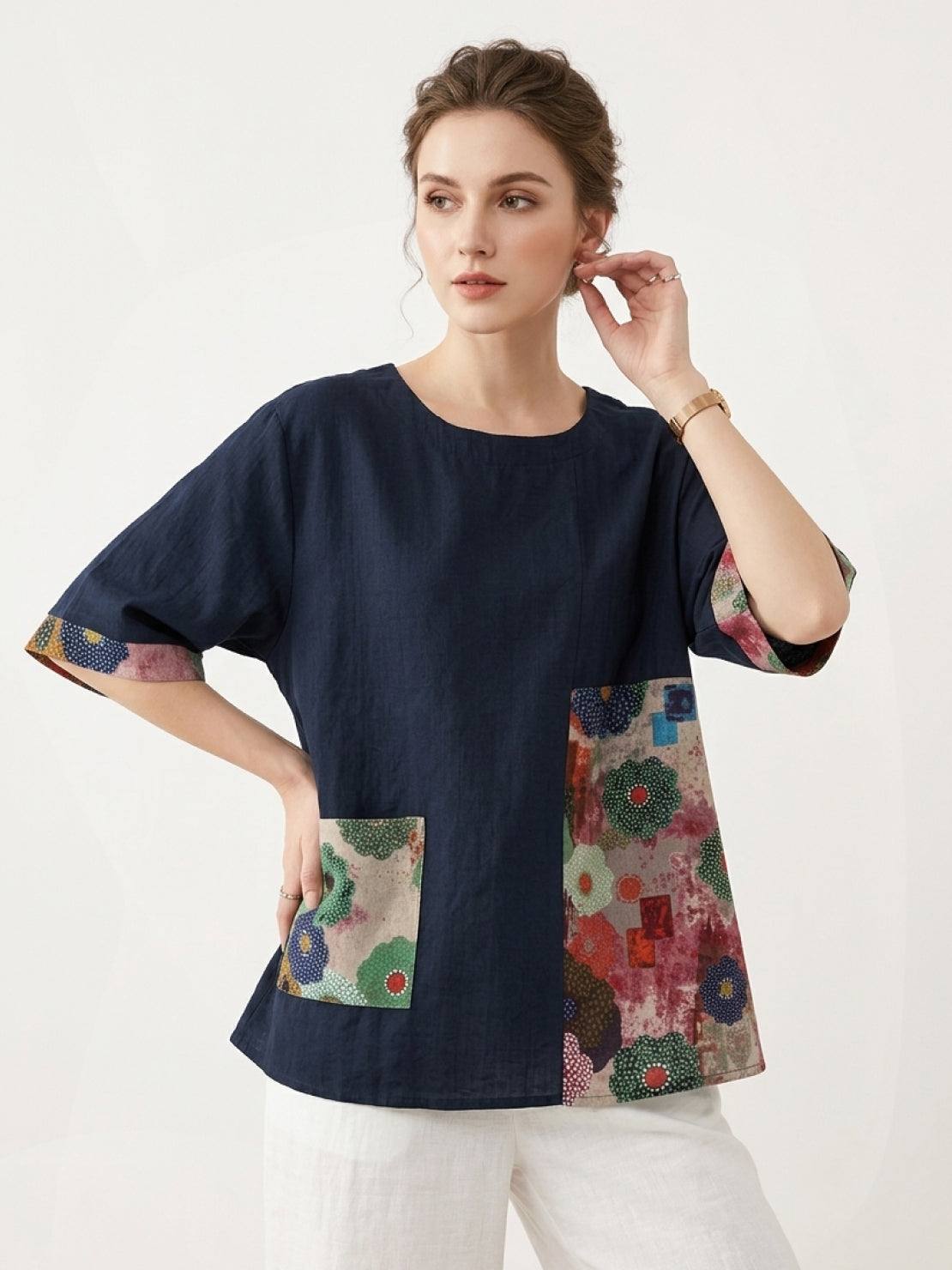 Oversized cotton linen shirt with floral patchwork and relaxed fit