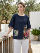 Oversized cotton linen shirt with floral patchwork and elbow-length sleeves