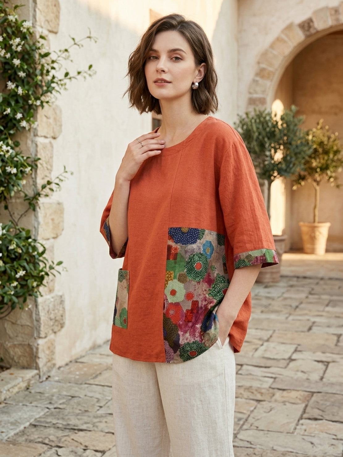 Oversized cotton linen shirt with floral patchwork and elbow-length sleeves