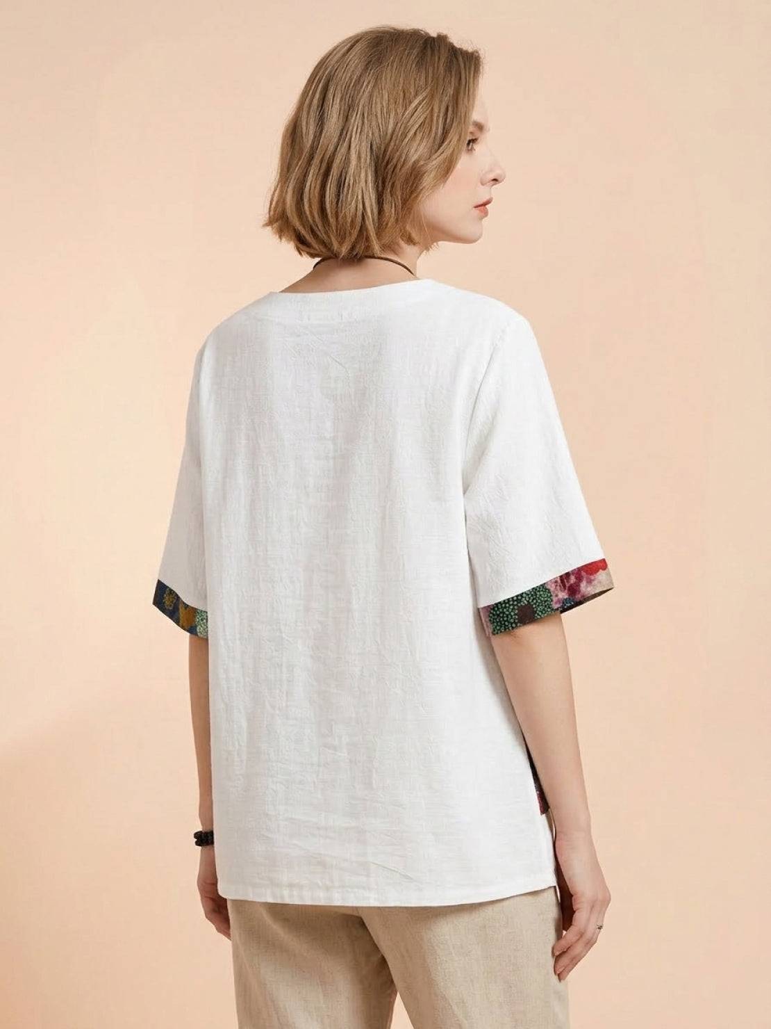 Oversized cotton linen shirt with floral patchwork and elbow-length sleeves