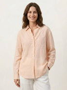 Relaxed fit ramie linen-lyocell embroidered shirt with curved hem and side slits