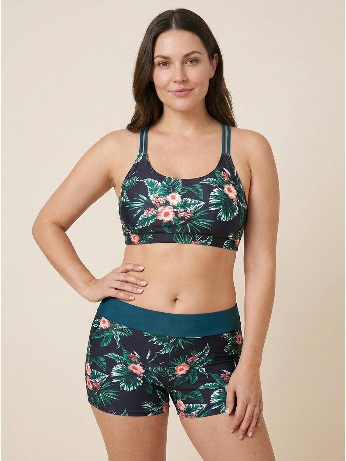 Three-piece criss-cross back tankini set with loose scoop neck tank, printed sports bra, and boy shorts