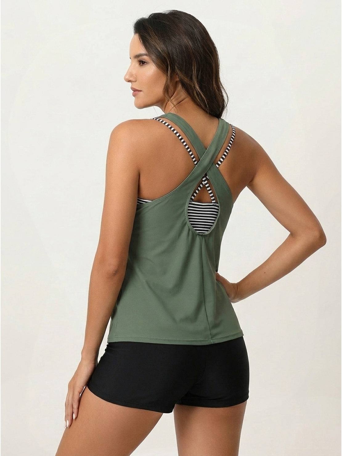 Three-piece tankini set with criss-cross back and printed sports bra and boy shorts