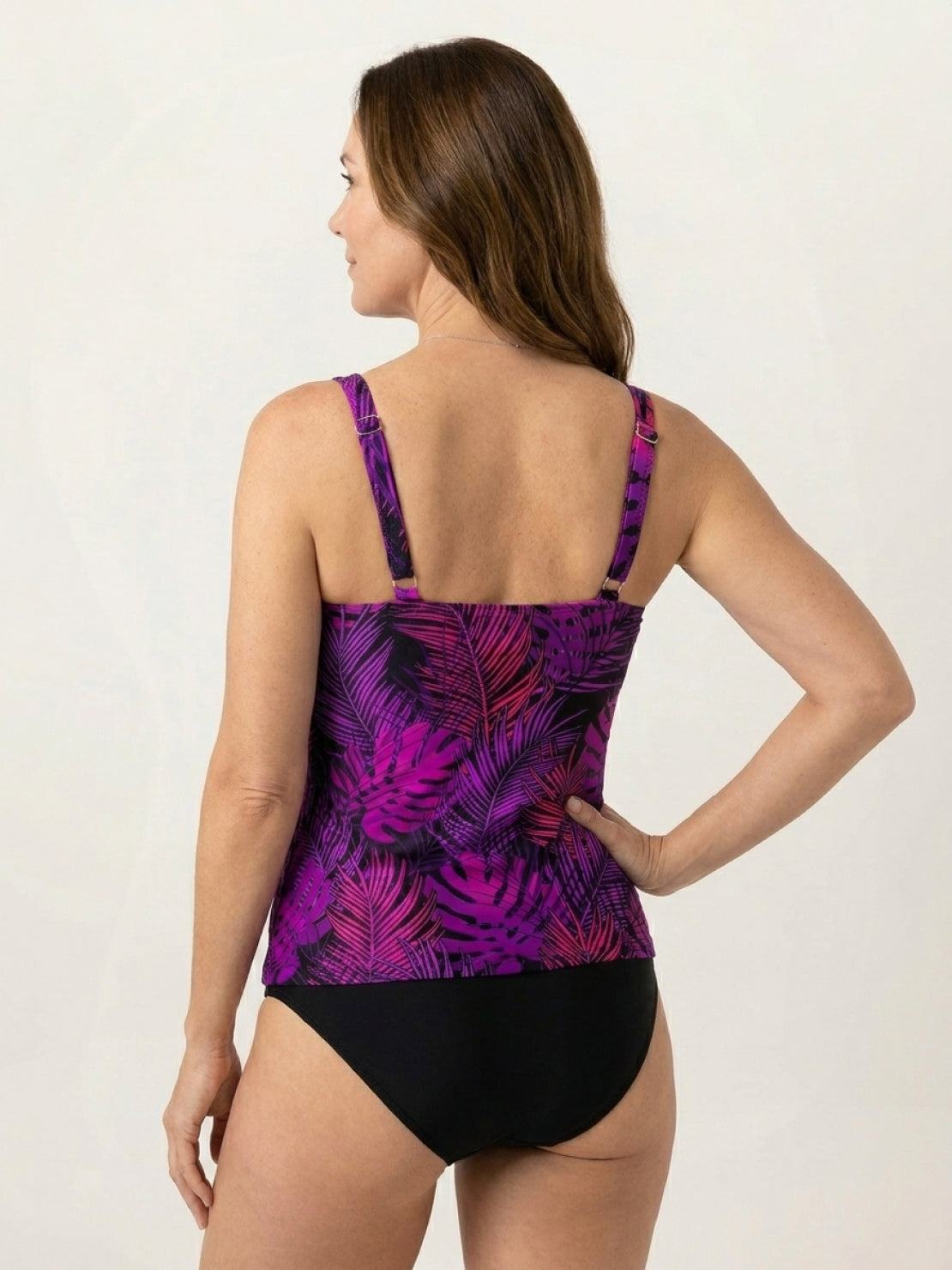 Black adjustable ruched tankini set with full-length side ruching and classic black bikini bottoms