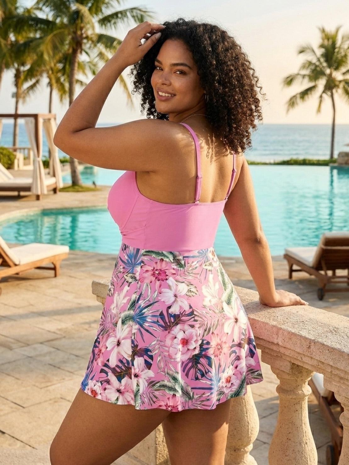 Tropical crossover skirted one-piece swimsuit with deep-V top and high-waist floral bottom