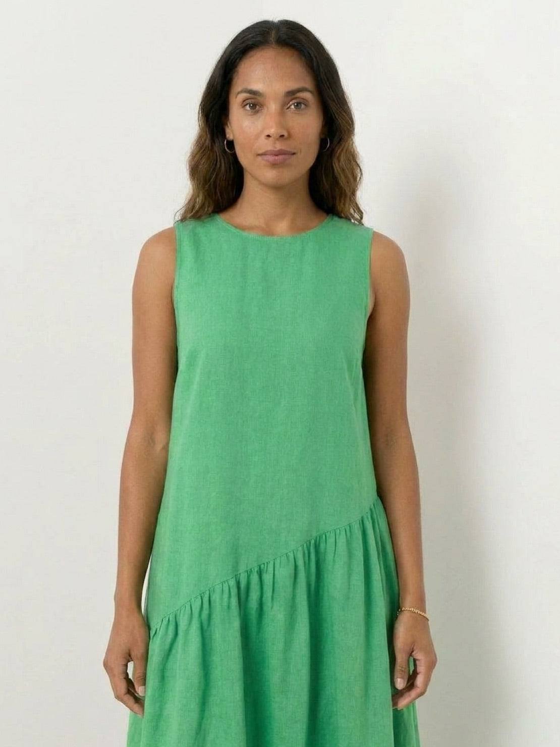 Lightweight cotton-linen summer midi dress with tiered skirt and relaxed drop-waist silhouette in soft pastel color