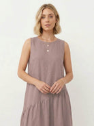 Lightweight 100% cotton-linen summer midi dress with loose tiered skirt and round neckline in multiple colors