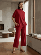 Cotton-blend capelet top with batwing sleeves and wide-leg pants lounge set in multiple colors