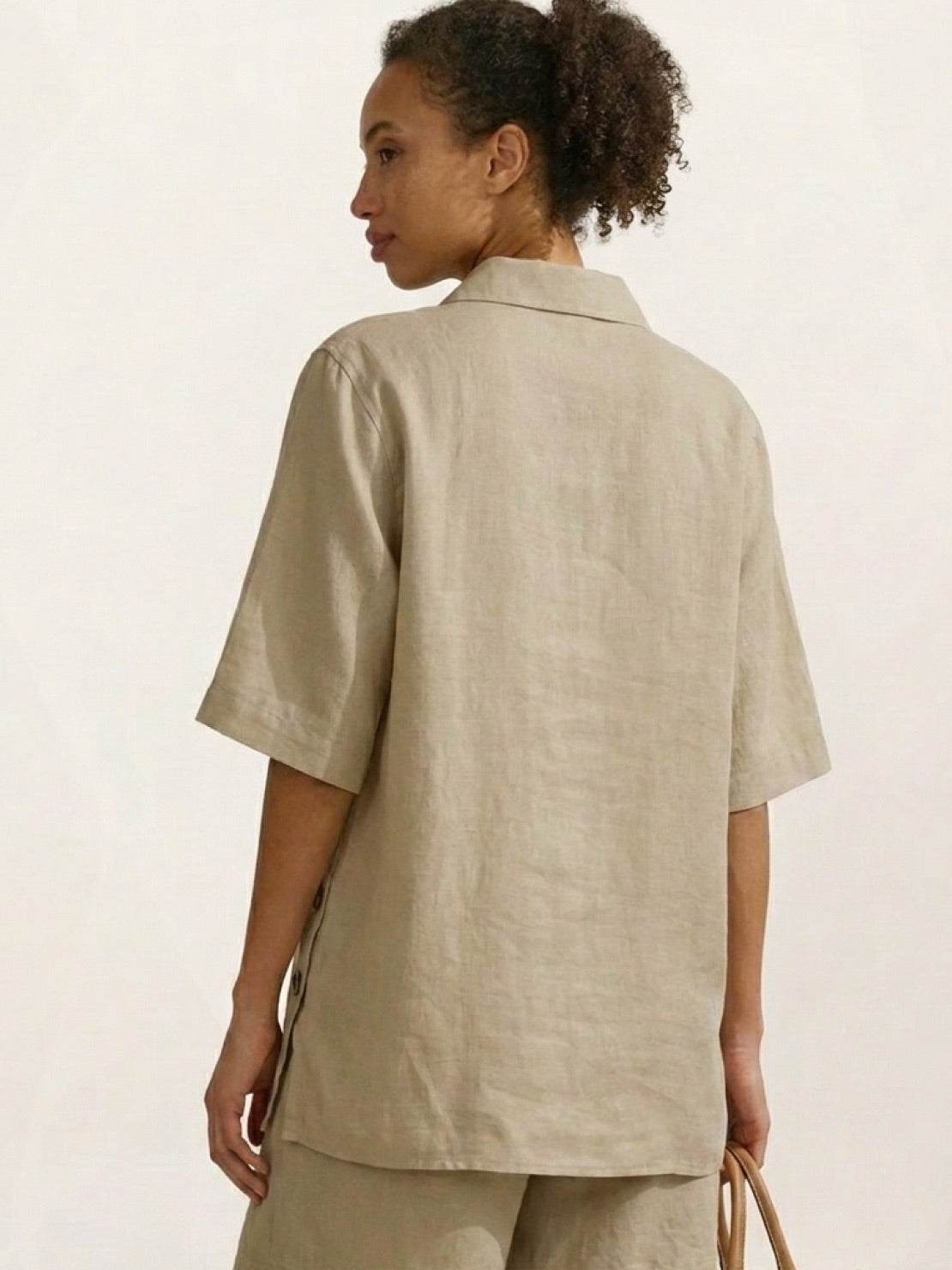 100% cotton oversized button-front co-ord set with drop-shoulder top and relaxed shorts in beige